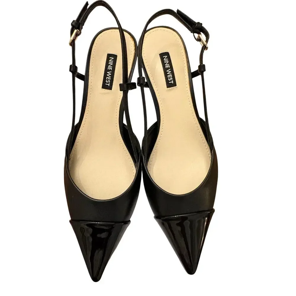 Nine West Women's Black Rizzy Slingback Kitten Faux Leather Heels 7.5 NEW - Picture 4 of 8